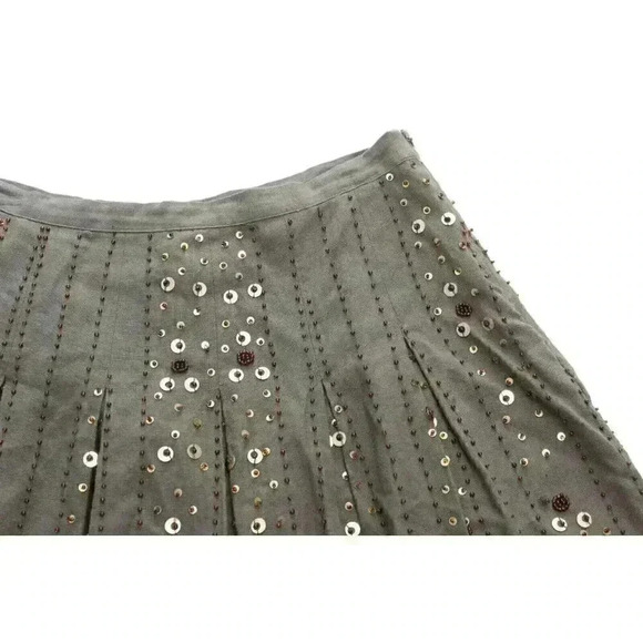 Carole Little Women's Size 8 Olive Green Linen Beaded Sequin Pleated Skirt Boho - Picture 3 of 9